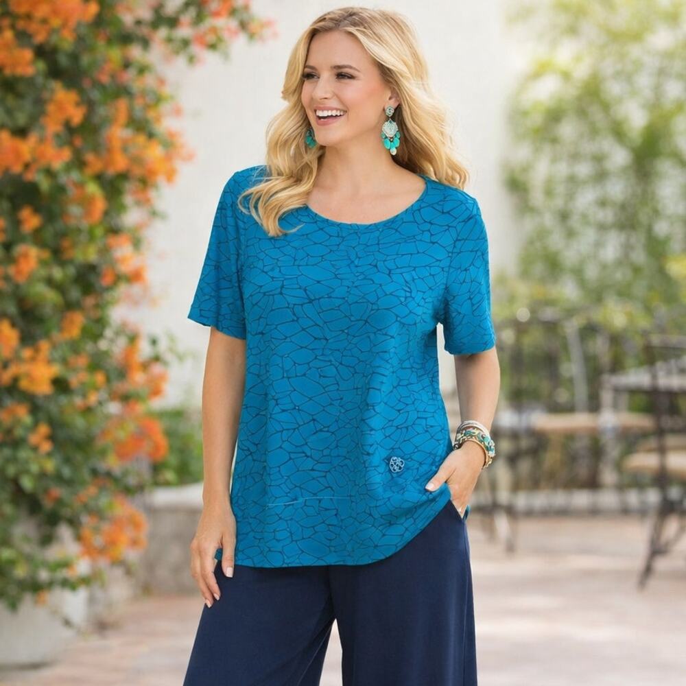 Ali Miles Lagenlook Top Womens Size MP Turquoise Pocket Artsy Burnout Medium